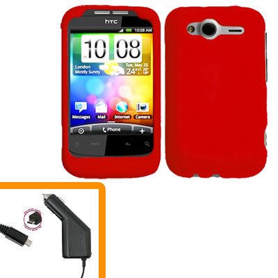 For HTC Wildfire S Car Charger + Cover Hard Case Red