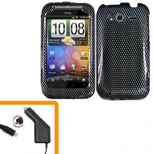 For HTC Wildfire S Car Charger + Cover Hard Case Carbon Fiber