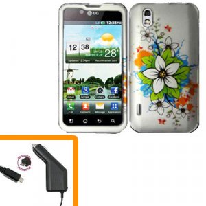 For LG Marquee LS855/ Optimus Black P970 Car Charger +Cover Hard Case C-Flower  2-in-1