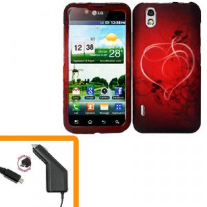 For LG Marquee LS855/ Optimus Black P970 Car Charger +Cover Hard Case Heart  2-in-1