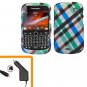 For BlackBerry Bold 9930 4G Car Charger + Cover Hard Case Plaid