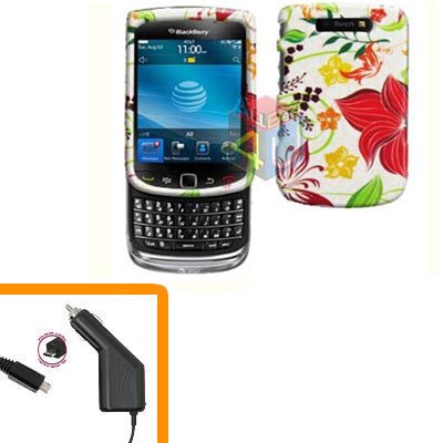 For BlackBerry Torch 9810 4G Car Charger + Cover Hard Case R-Flower
