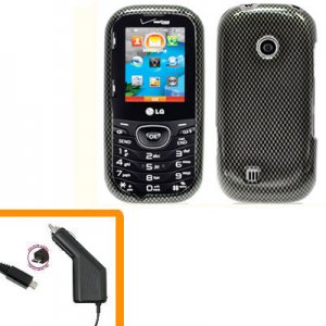 For LG Comos 2 VN251 Car Charger +Cover Hard Case Carbon Fiber 2-in-1