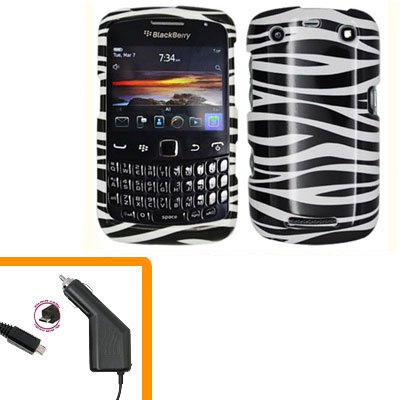 For BlackBerry Curve 9350 9360 9370 Car Charger + Cover Hard Case Zebra