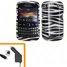 For BlackBerry Curve 9350 9360 9370 Car Charger + Cover Hard Case Zebra