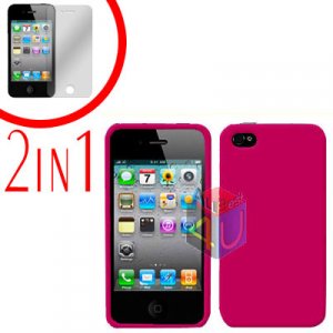For Apple iPhone 4S 4 Cover Hard Case Rose Pink +Screen 2-in-1