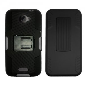 Holster Belt Clip For HTC ONE X Hard Case Black /Black soft edge + Kick Stand
