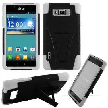 For LG Optimus L7 Hard Case Black/White Soft Corner Cover +Kick Stand