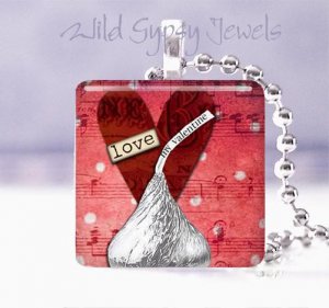 Valentine's Day  RED HEART silver Hershey KISS 1" glass tile pendant necklace