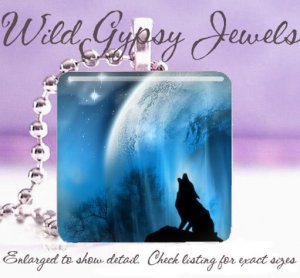 Howling Wolf Mystical Blue MOON Star 1" Glass Tile Pendant necklace Great Gift