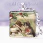 Vintage Merry Christmas CATs tea Holly 1" glass tile pendant necklace NEW
