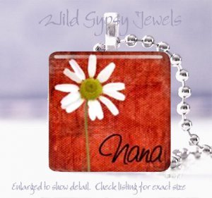 Mothers GIFT idea HOT Red Nana daisy grandchild 1" glass tile pendant necklace