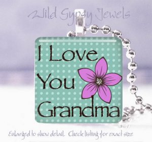 Mothers Day GIFT Aqua check Grandma 1" glass tile pendant necklace