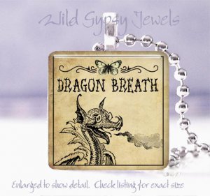 Gothic Dragon Vtg Poison Potion Label 1" glass tile pendant necklace gift idea