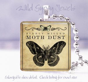 Vtg Goth ivory Moth Poison Potion Label 1" glass tile pendant necklace gift idea