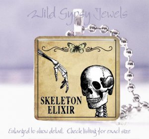 Gothic Vintage Skeleton Poison Potion Label 1" glass tile pendant necklace