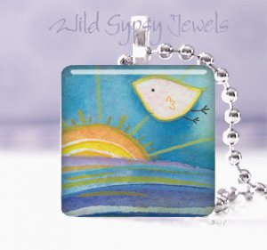 White Bird Sunrise Ocean Blue sea 1" glass tile pendant necklace NEW Low Price