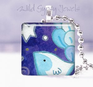Wish Upon Star BLUE Happy Bird Whimsical 1" glass tile pendant necklace
