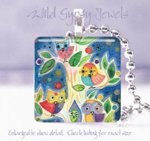 Forest Owls Tree navy colorful brite *NEW* design 1" glass tile pendant necklace