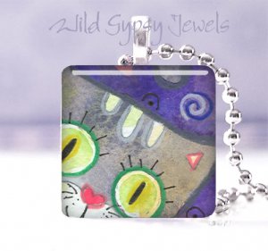 Grey tiger cat kitten whimsical 1" glass tile pendant necklace great gift idea