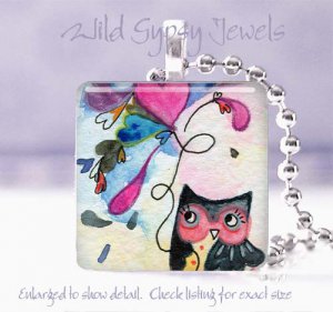 Bird city violet purple whimsical *NEW* design 1" glass tile pendant necklace