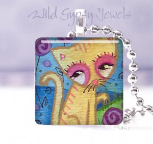 Orange tiger cat kitten whimsical 1" glass tile pendant necklace great gift idea