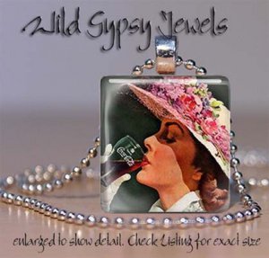 Vtg Coca-Cola Ad 1940's flower hat girl 1" glass tile pendant necklace GIFT Idea
