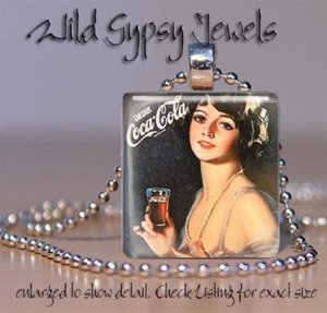 Vtg Coca-Cola Roaring 20s Ad girl black 1" glass tile pendant necklace GIFT Idea