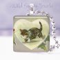 Vintage Christmas Tiger CAT HEART Holly 1" glass tile pendant necklace NEW