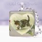 Vintage Christmas Tiger CAT HEART Holly 1" glass tile pendant necklace NEW