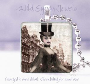 Paris Goth Gothic Top Hat punk woman chic shabby 1" glass tile pendant necklace