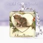 Vintage Merry Christmas CAT HEART Holly 1" glass tile pendant necklace NEW
