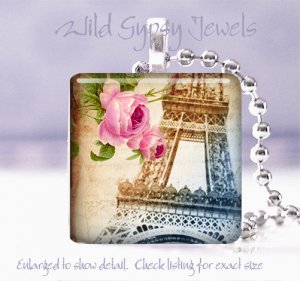 Paris Eiffel Tower Pink roses blue brown neutral 1" glass tile pendant necklace
