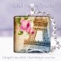 Paris Eiffel Tower Pink roses blue brown neutral 1" glass tile pendant necklace