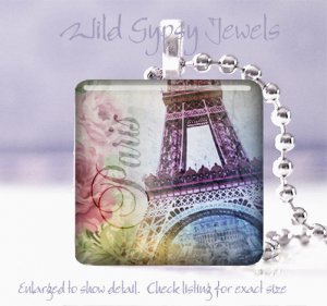 Paris Eiffel Tower multi color flower chic shabby 1" glass tile pendant necklace