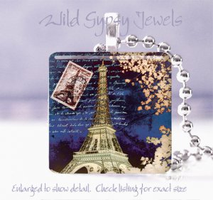 Night Paris Eiffel Tower Spring Pink chic shabby 1" glass tile pendant necklace
