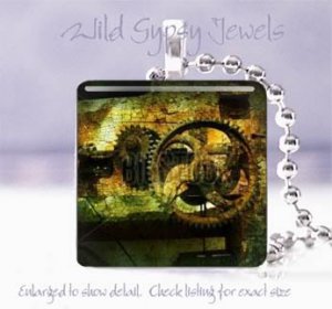 Rusty gears Green Black Clock Time Victorian Si-Fi SteamPunk 1" glass pendant
