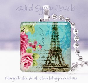 Paris Eiffel Tower bright blue roses chic shabby 1" glass tile pendant necklace