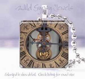 Clock Time inner gears Victorian Si-Fi SteamPunk 1" glass tile pendant necklace