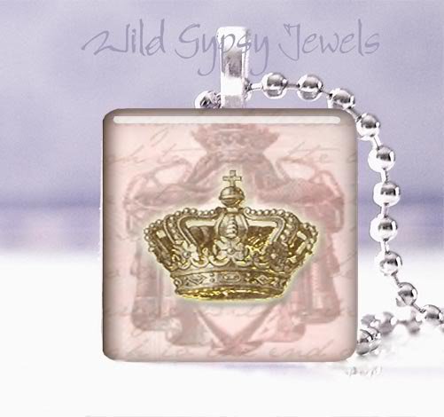 Paris French PINK Gold crown chic shabby Victorian glass tile pendant necklace