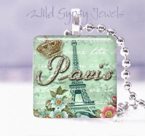 Paris Eiffel Vertigris aqua green chic shabby 1" glass tile pendant necklace