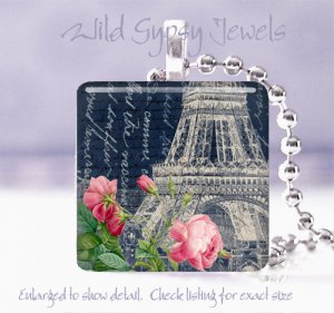 Paris Eiffel Tower negative navy rose chic shabby 1" glass tile pendant necklace