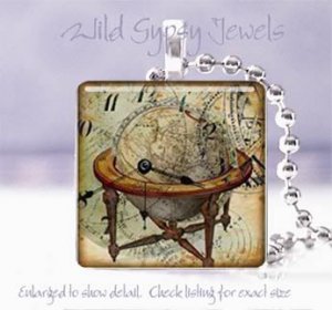 World Globe Clock Time Victorian Si-Fi SteamPunk 1" glass tile pendant necklace