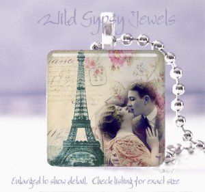 Paris Eiffel Tower LOVE Vintage couple chic shabby glass tile pendant necklace