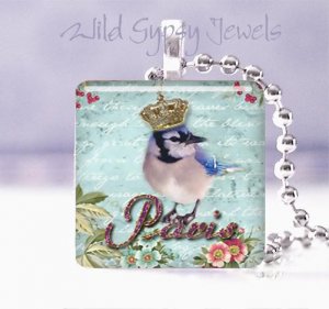 Paris blue bluebird bluejay crown French Victorian glass tile pendant necklace
