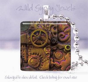 Clock Gears Brass Rust Brown Tan Victorian Si-Fi SteamPunk 1" glass tile pendant