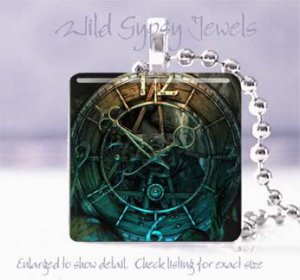 Patina Teal Clock Time Victorian Si-Fi SteamPunk 1" glass tile pendant necklace