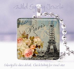 Paris Eiffel Tower Pink roses blue chic shabby 1" glass tile pendant necklace