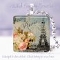 Paris Eiffel Tower Pink roses blue chic shabby 1" glass tile pendant necklace
