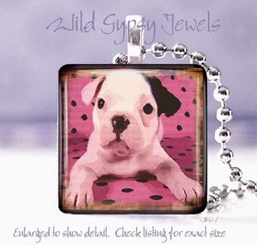 Cute French Bulldog Pink Polka dot watercolor 1" glass tile pendant necklace
